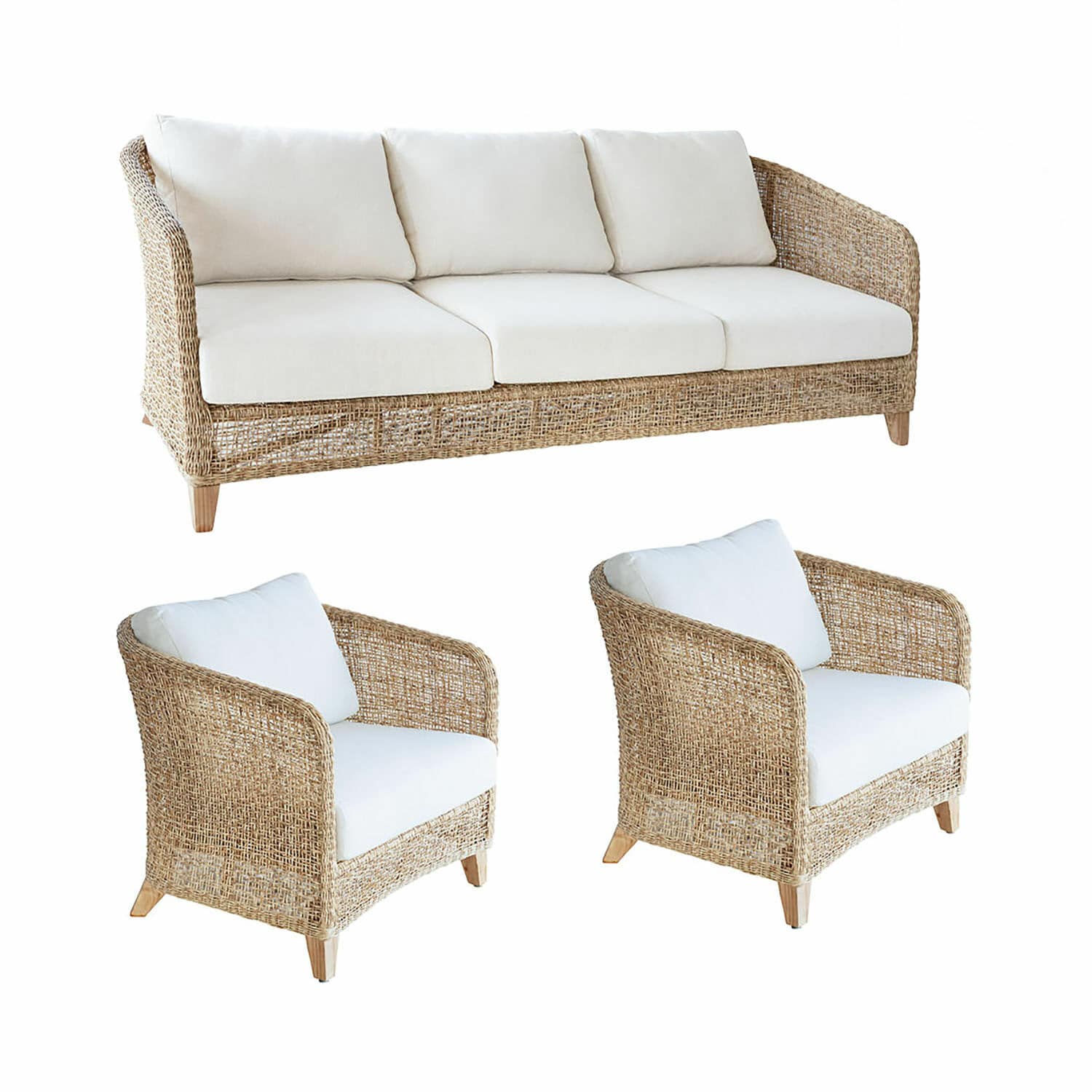 Salon de jardin Clarivaux Ensemble de meubles en rotin naturel avec coussins blancs, canapé et fauteuils confortables pour salon