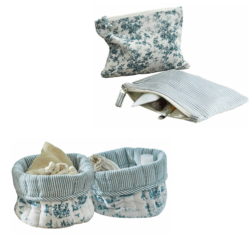 Ensemble de paniers et pochette en coton à motifs floraux bleus et rayures, rangement décoratif