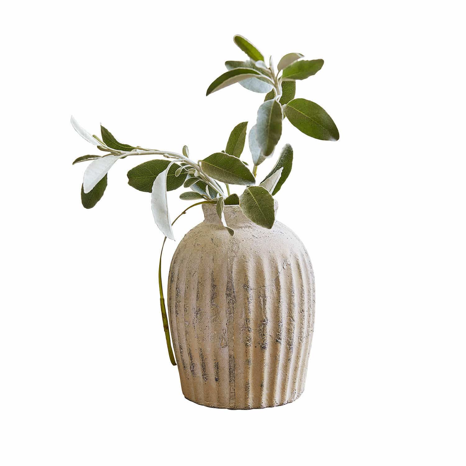 Vase Melissa Vase en céramique beige avec rainures et feuilles vertes, décoration intérieure naturelle