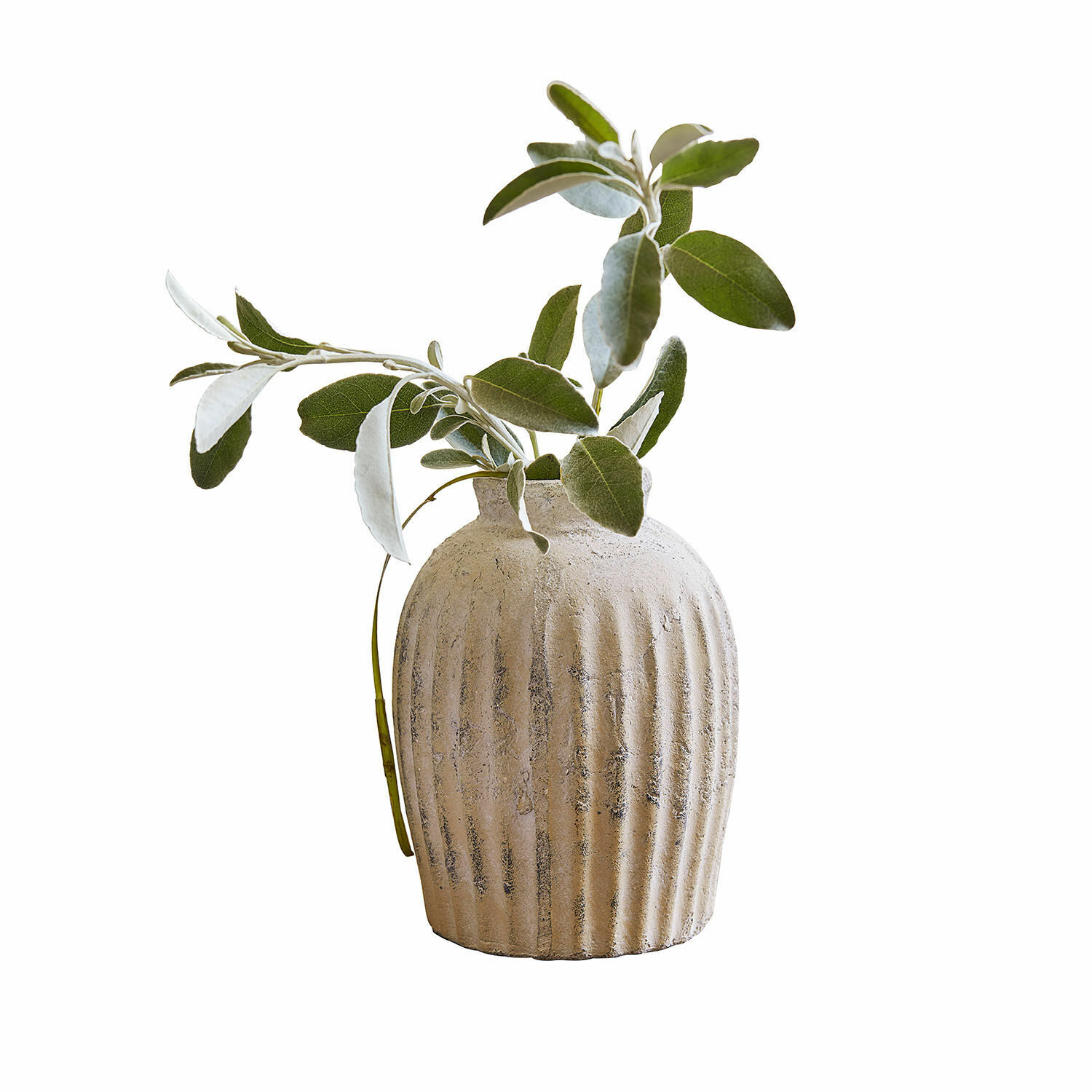 Vase Melissa Vase en céramique beige avec rainures et feuilles vertes, décoration intérieure naturelle