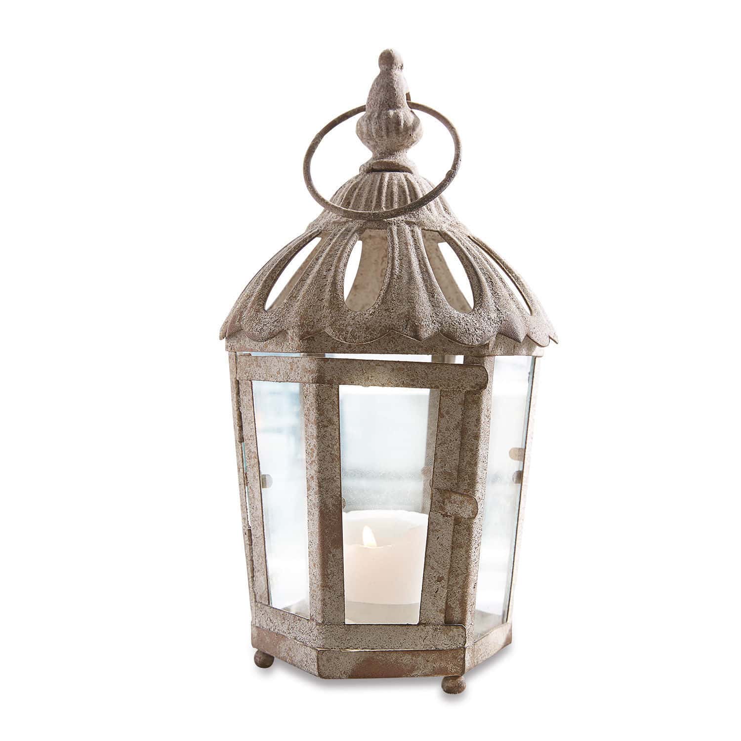 Lanterne Artemisie Lanterne décorative en métal couleur bronze vieilli avec verre transparent et bougie allumée à l'intérieur