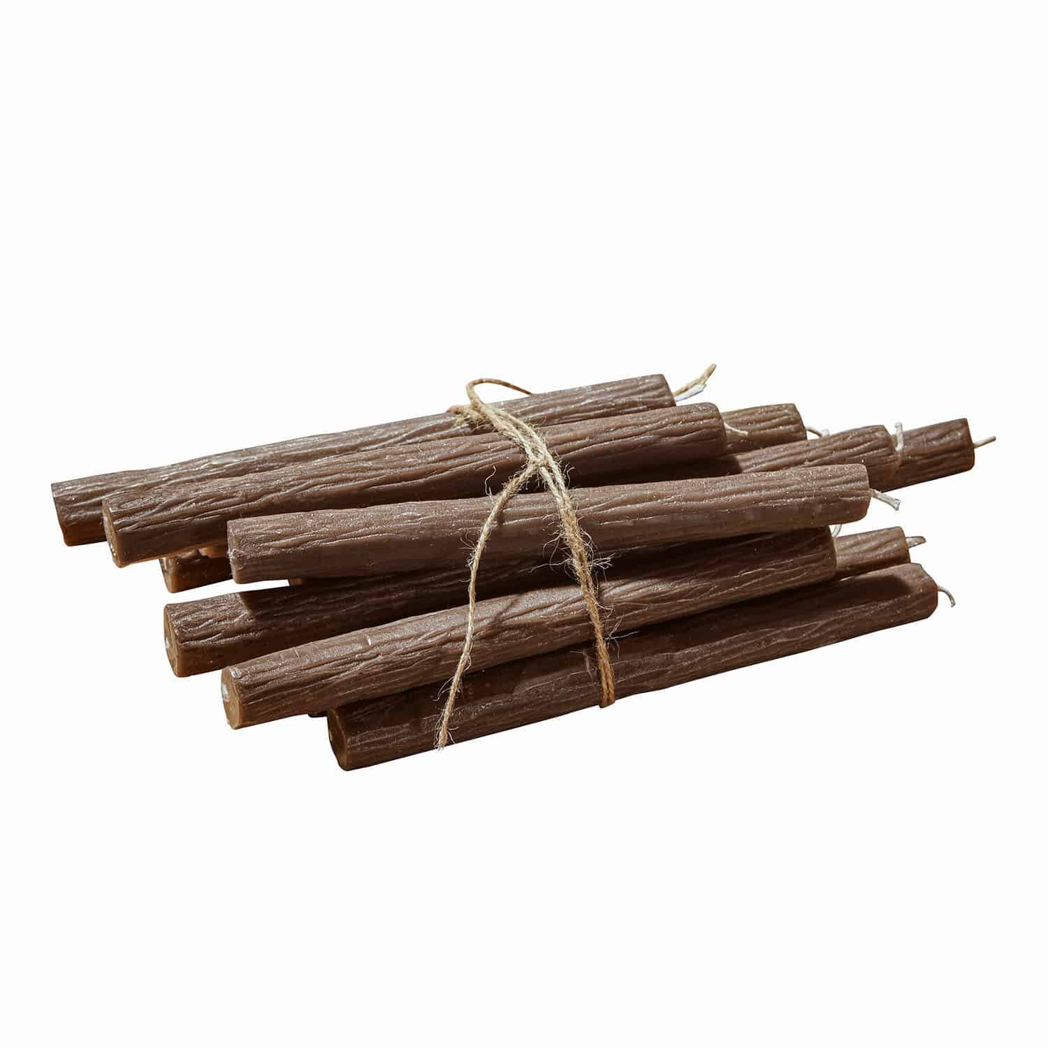 Lot de 12 bougies Calviano Lot de bougies brunes en cire avec texture bois attachées par une corde, bougies décoratives rustiques