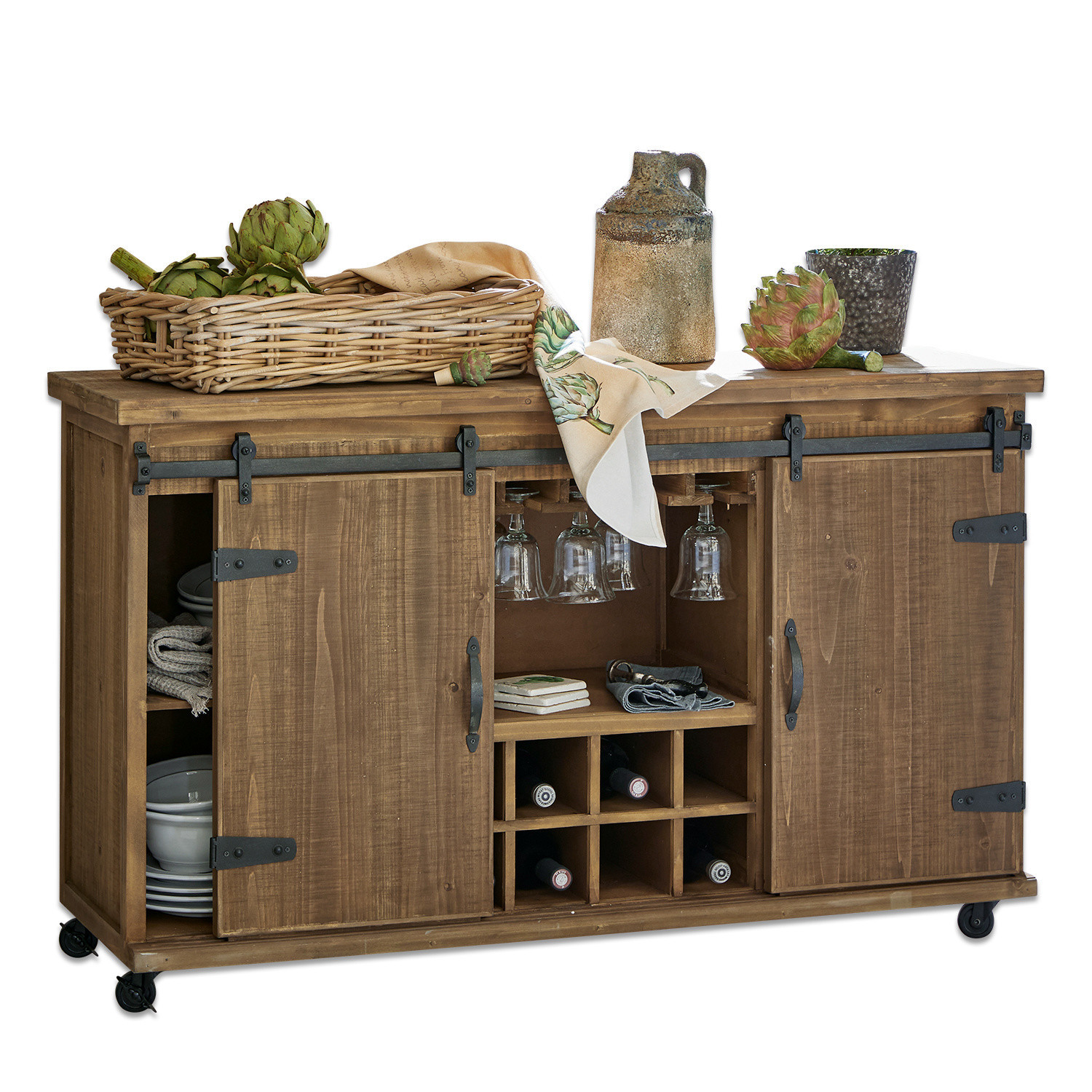 Commode Grasse Buffet en bois sur roulettes avec rangement pour bouteilles et verres, couleur naturelle, meuble pratique