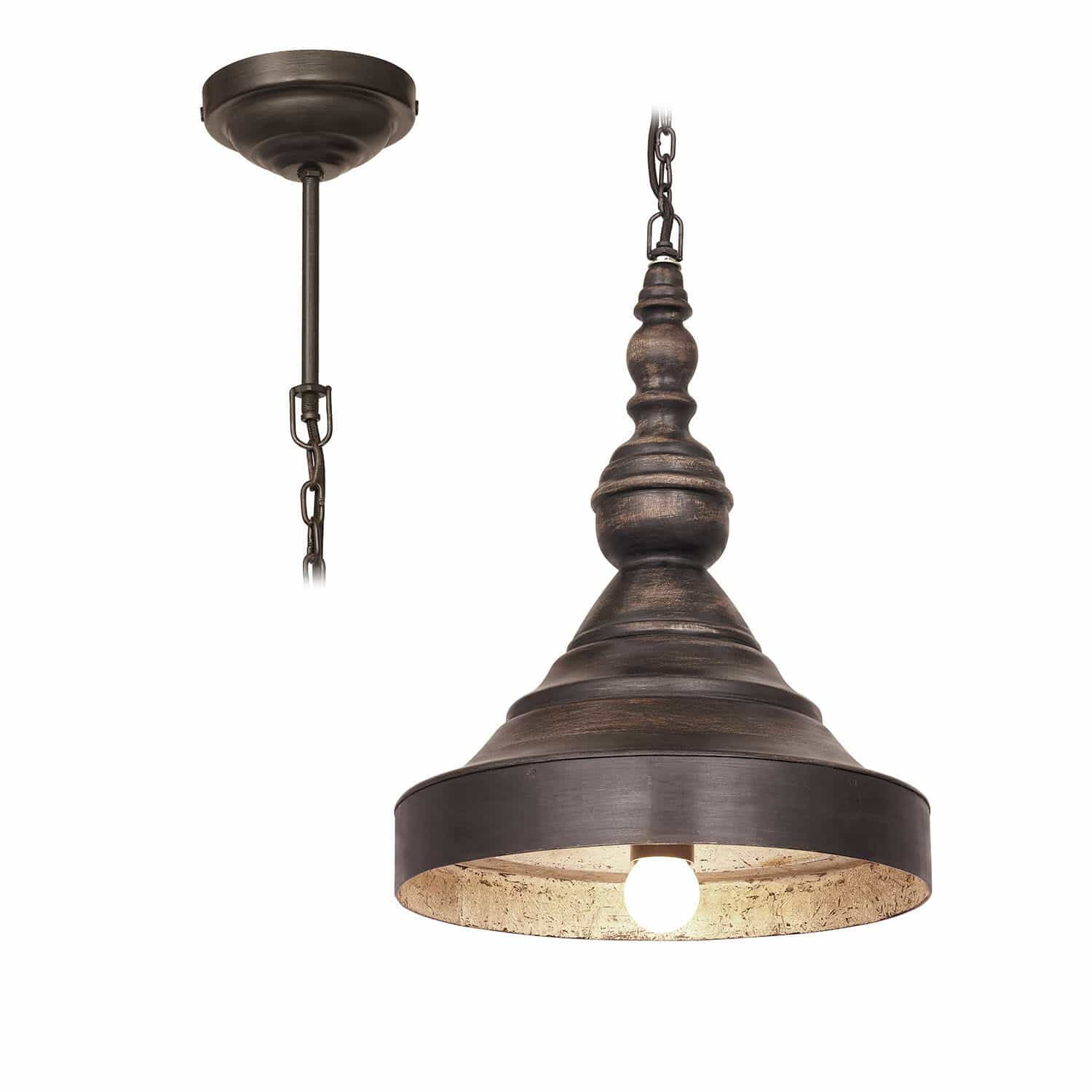 Suspension en métal brun foncé avec design orné et ampoule lumineuse visible