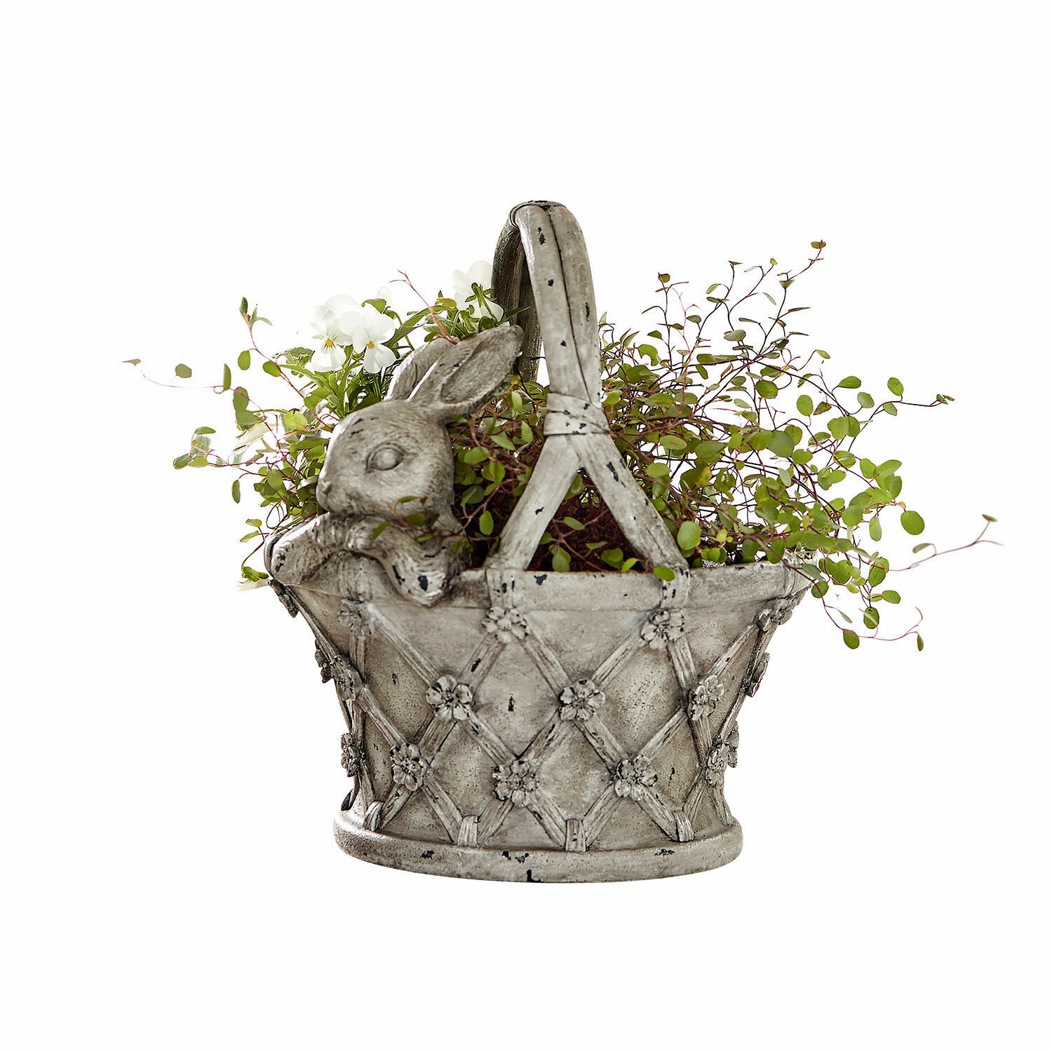 Cache-pot Virginie Panier décoratif gris en céramique avec motif lapin et plantes vertes pour décoration intérieure
