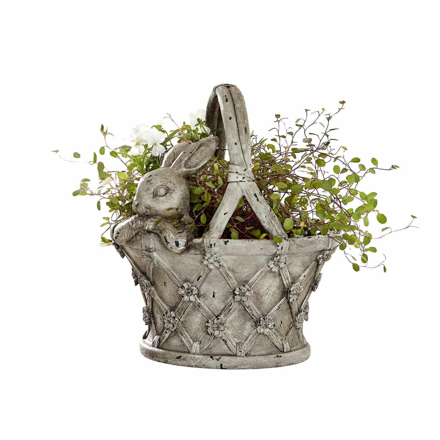 Cache-pot Virginie Panier décoratif gris en céramique avec motif lapin et plantes vertes pour décoration intérieure