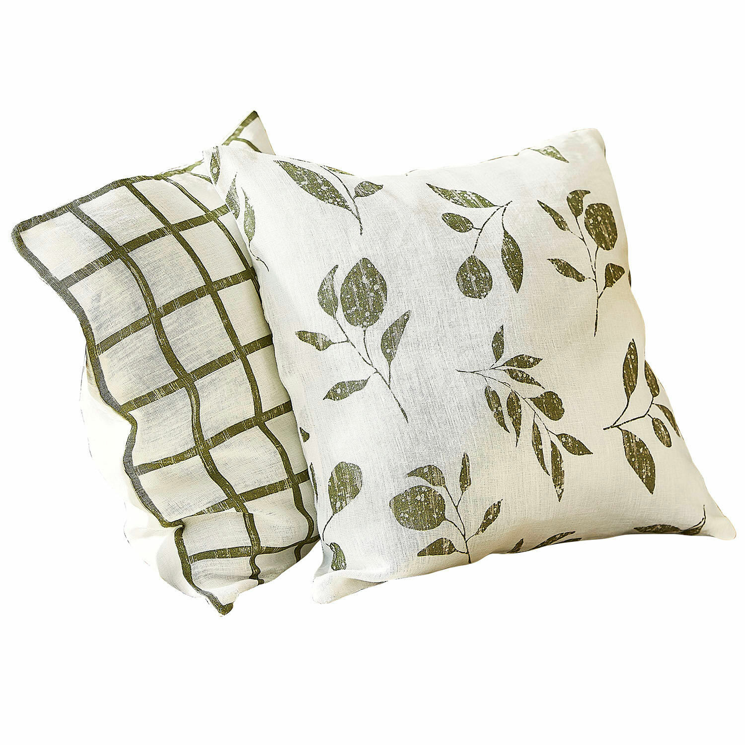 Lot de 2 housses de coussins Klivento Ensemble de deux coussins décoratifs en lin blanc avec motifs verts de feuilles et carreaux