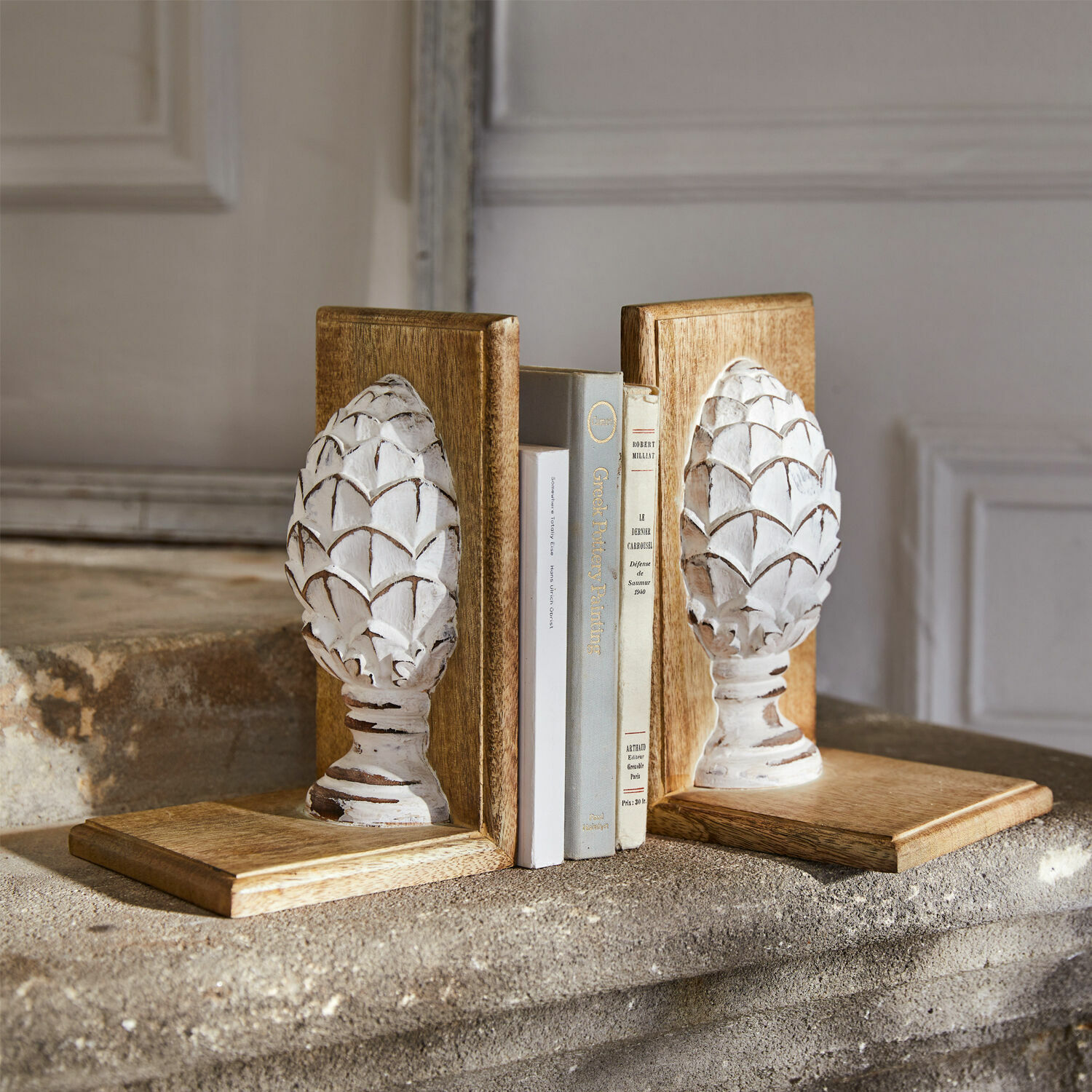 Serre-livres Décoratifs Loberon - Lot De 2, Blanc Vieilli, Sculpté Main | Pour Rangement Et Décoration Intérieure