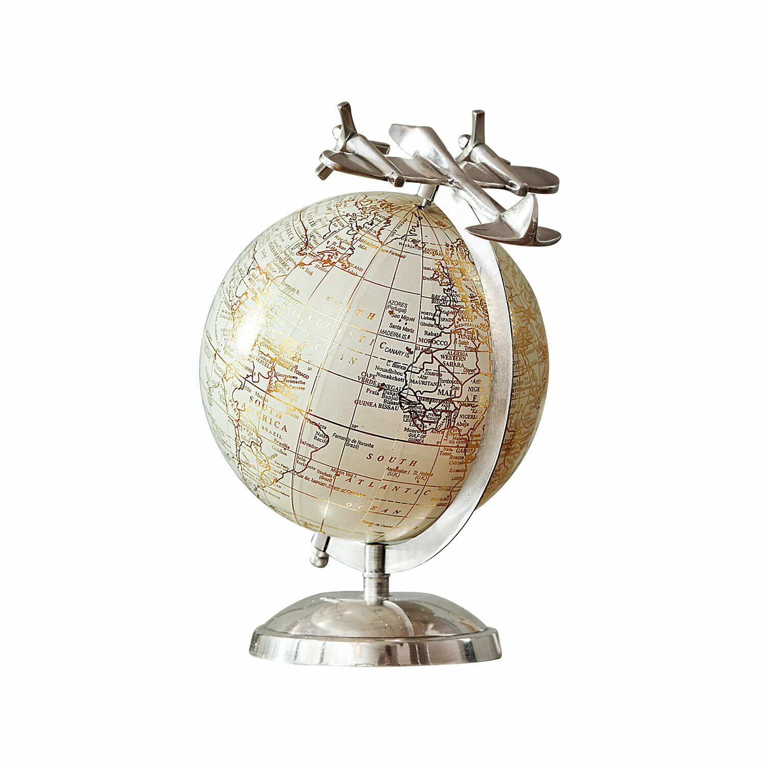 Globe décoratif Jollysail Globe décoratif vintage avec base en métal argenté et avions, accessoire de bureau élégant