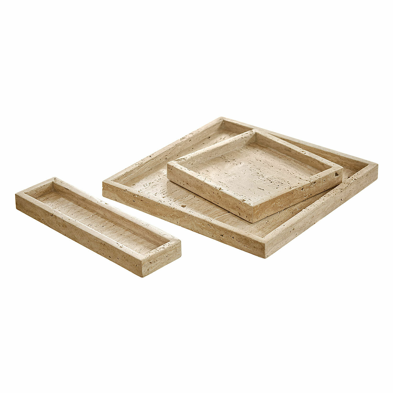 Lot de 3 plateaux Tavone Ensemble de trois plateaux en travertin beige pour rangement, pierre naturelle décorative pour la maison