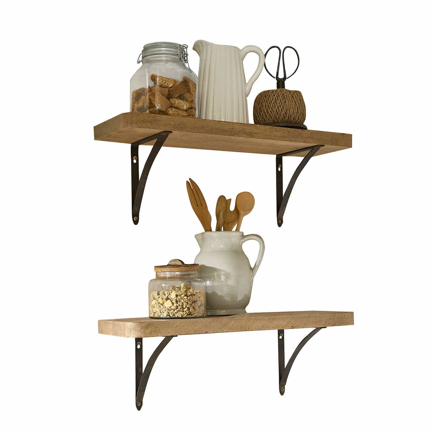 Lot de 2 étagères murales Thalindria Deux étagères murales en bois avec supports métalliques, décorations de cuisine rustiques