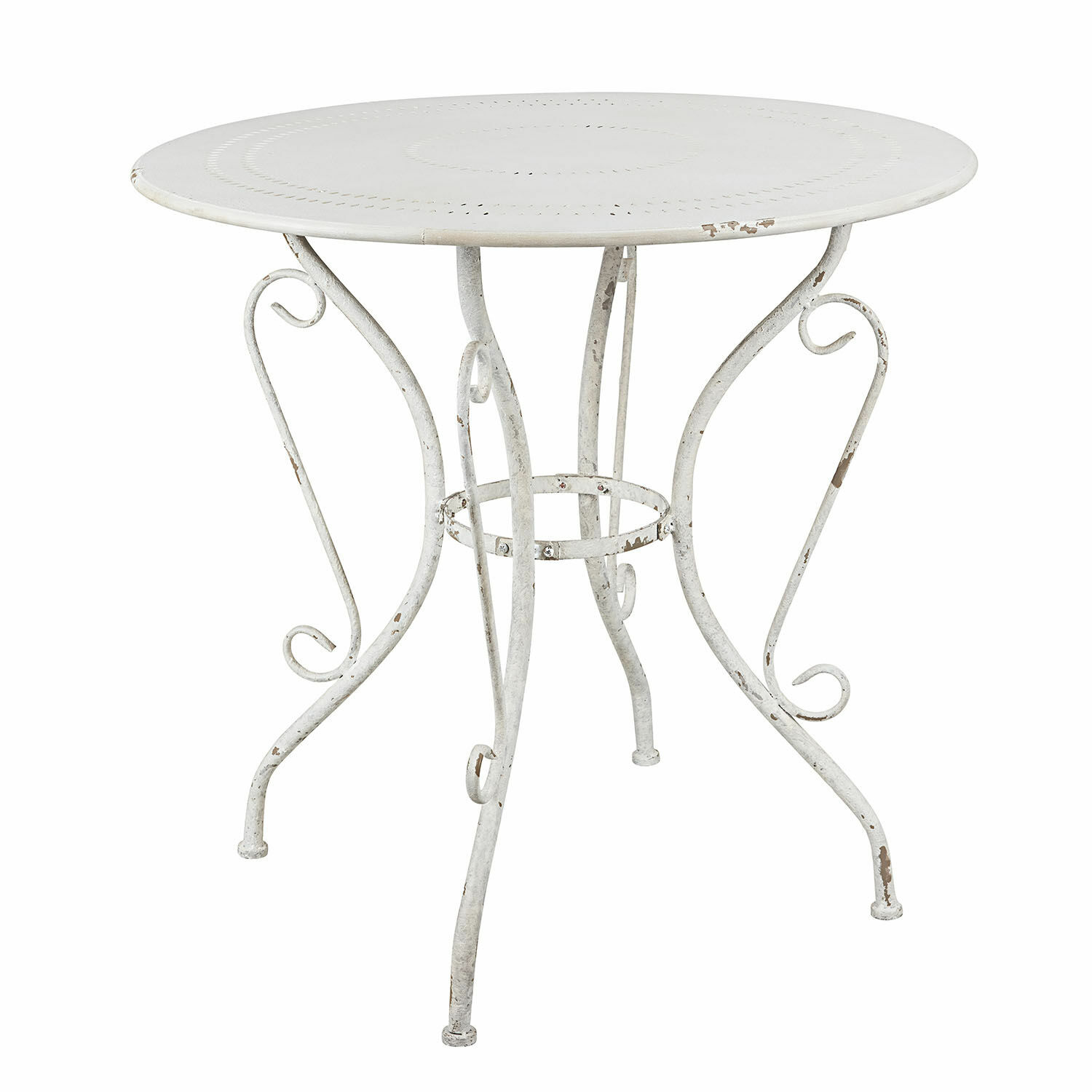 Table ronde en métal blanc antique avec pieds décoratifs, meuble de jardin vintage élégant