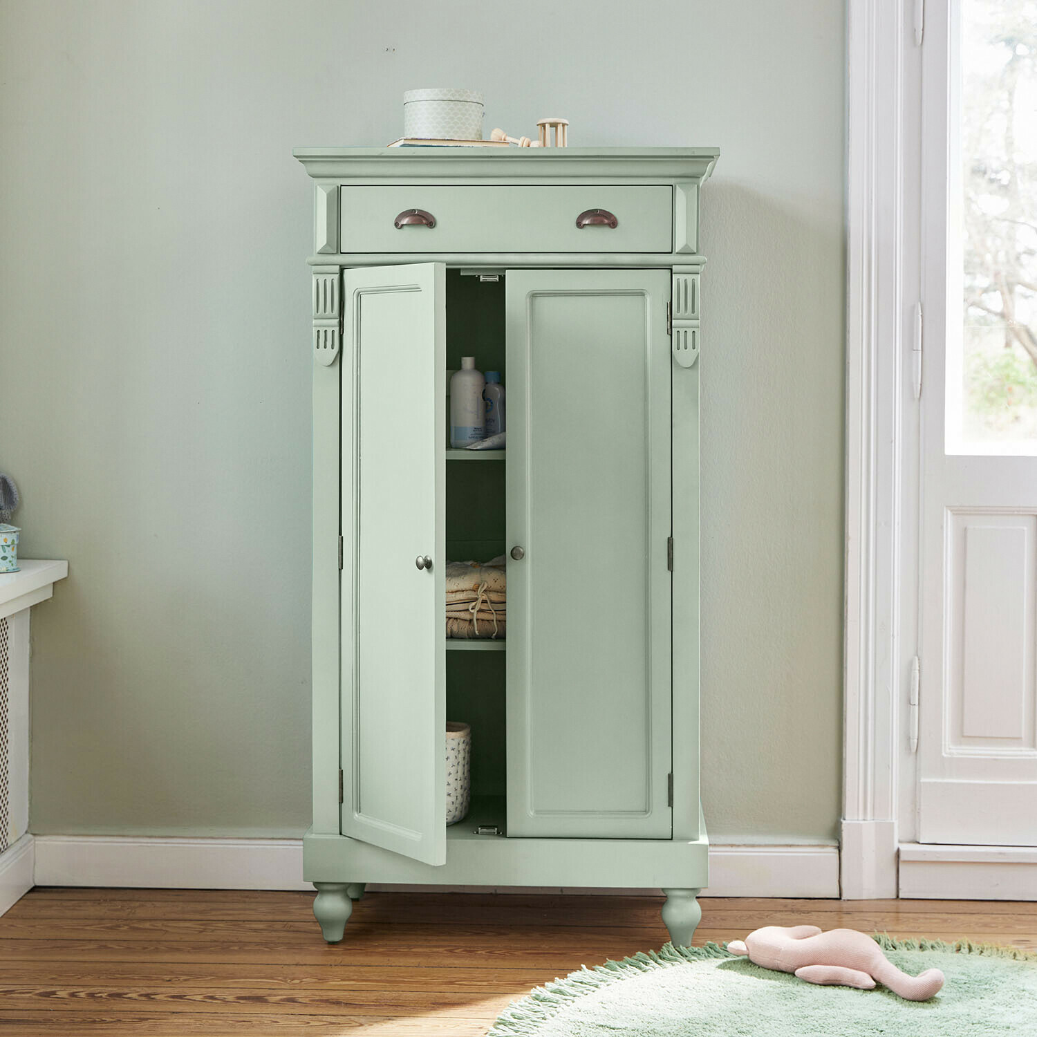Armoire Starino Armoire en bois vert menthe avec tiroir et étagères, style vintage, rangement pour chambre d'enfant