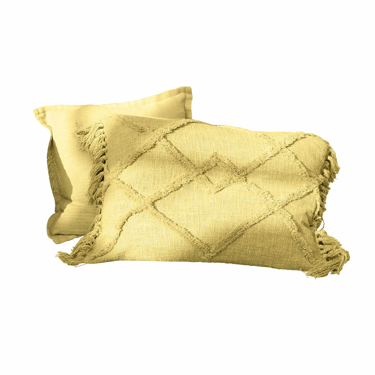 Coussin décoratif jaune en coton double face avec franges et motif géométrique