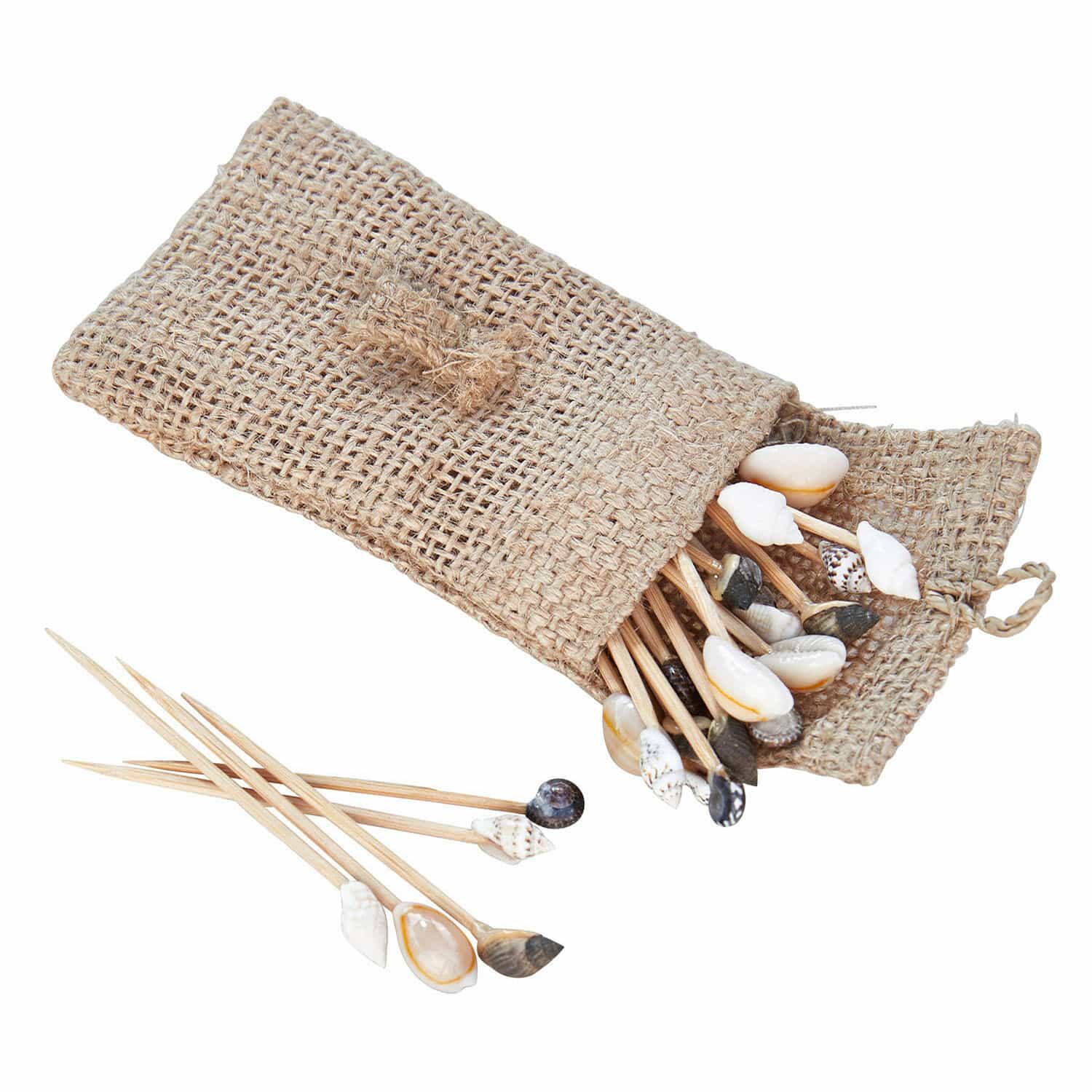 Piques décoratives Bijou Ensemble de cure-dents avec coquillages naturels dans une pochette en lin pour décoration