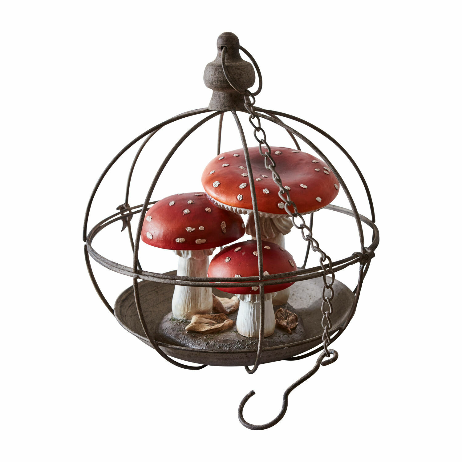 Cage à oiseau Valère Décoration avec champignons rouges amanite dans une cage métallique avec crochet suspendu