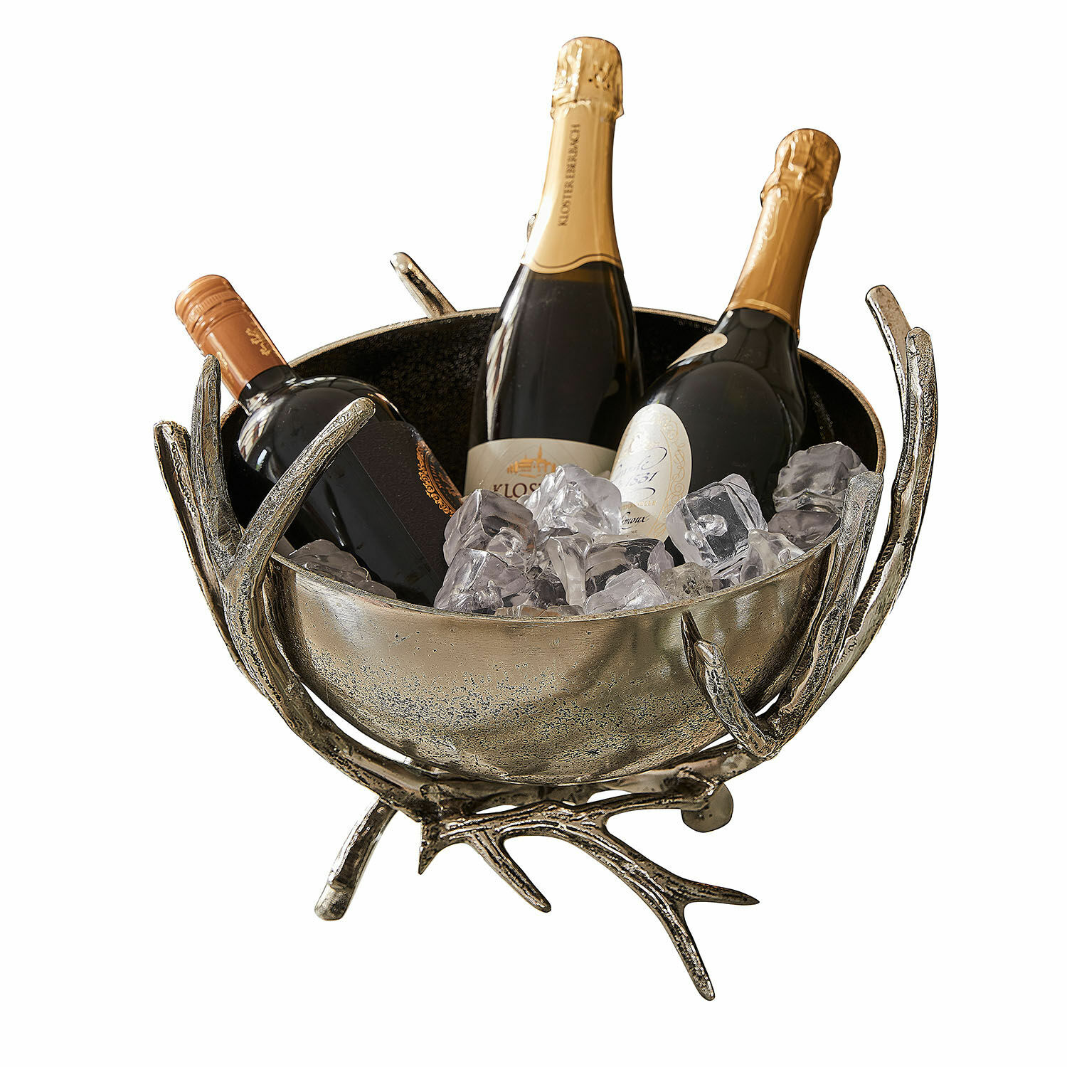 Seau à champagne Amirak Seau à glace en métal argenté avec motif bois de cerf, contenant trois bouteilles de vin et des glaçons
