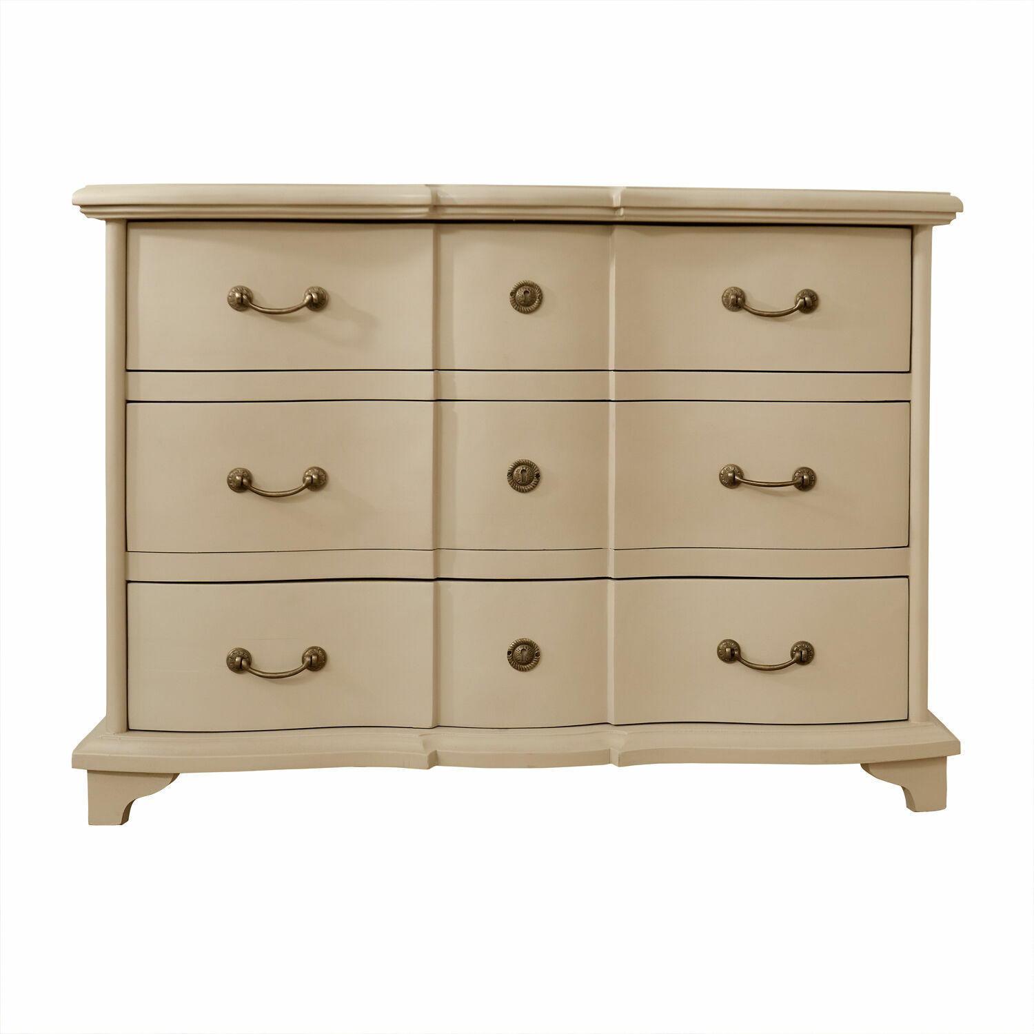 beige Commode beige Aiguillon en bois avec six tiroirs et poignées métalliques pour rangement pratique