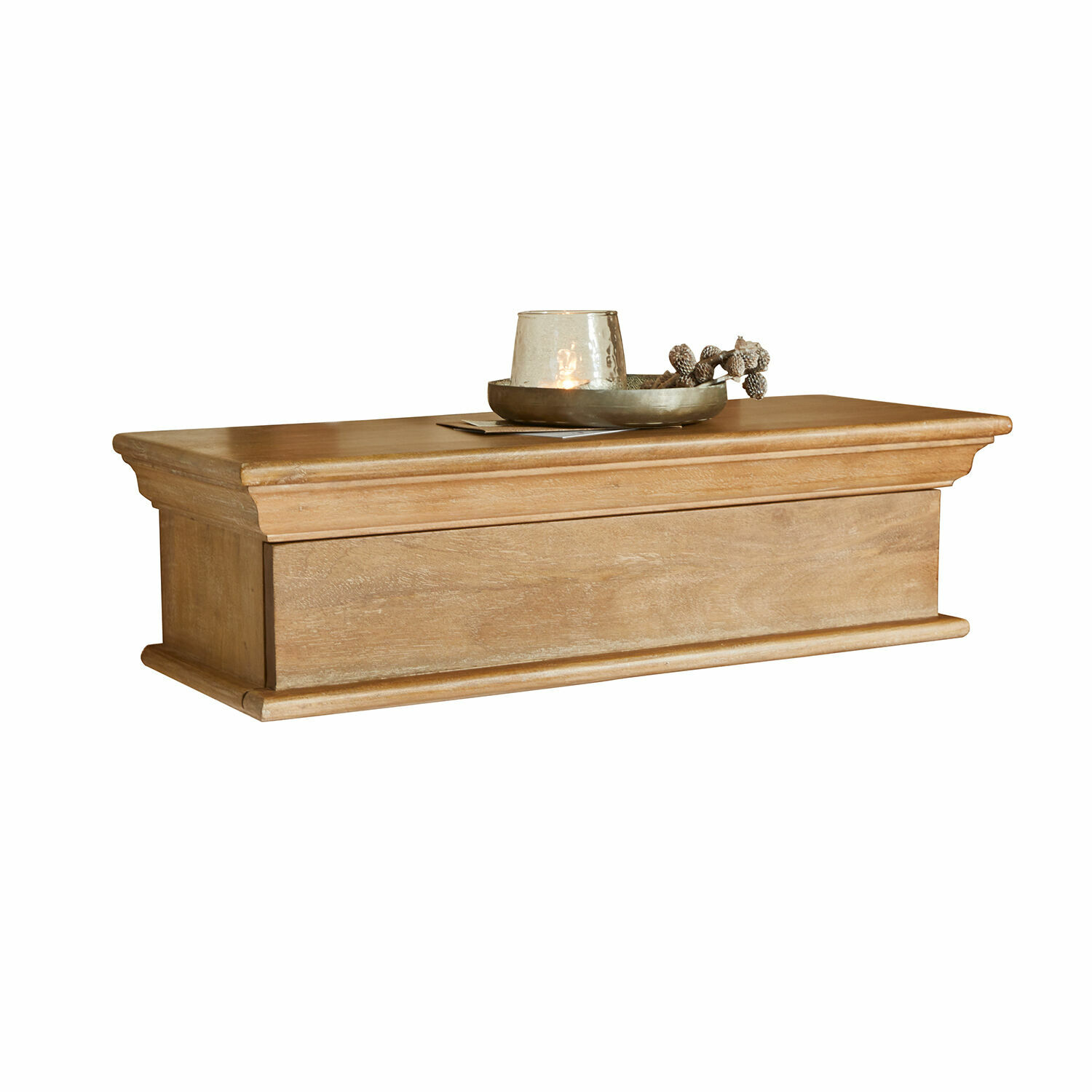 Étagère murale Montarie Coffre en bois naturel avec plateau et bougeoir, meuble de rangement décoratif pour intérieur chaleureux