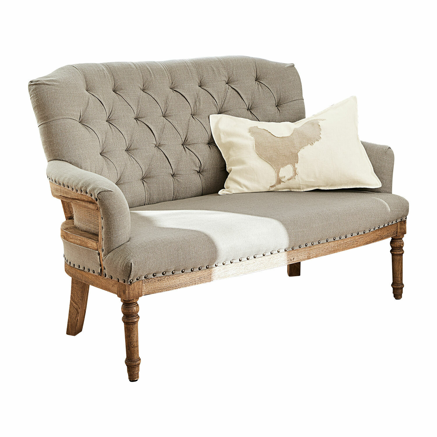 Canapé Kingsley Canapé en tissu beige avec cadre en bois et coussin décoratif à motif poulet