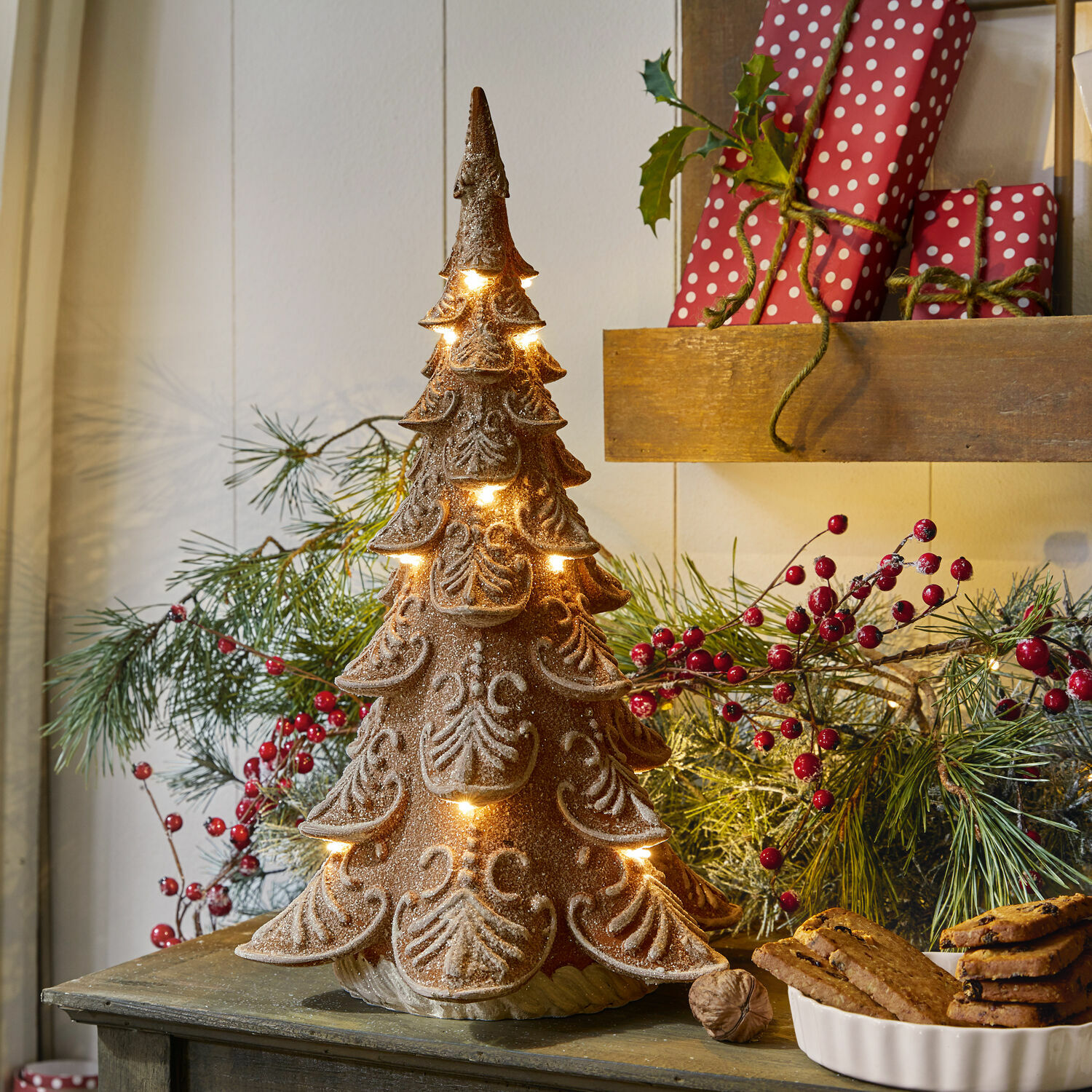 Arbre décoratif Anyama Sapin décoratif en céramique marron avec éclairage LED pour décoration de Noël intérieure