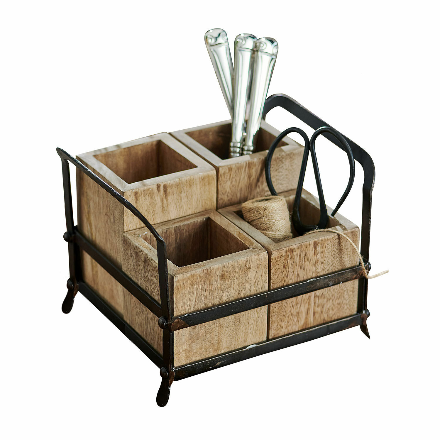 Rangement Postes Organisateur en bois avec cadre métallique noir et quatre compartiments pour ranger des accessoires