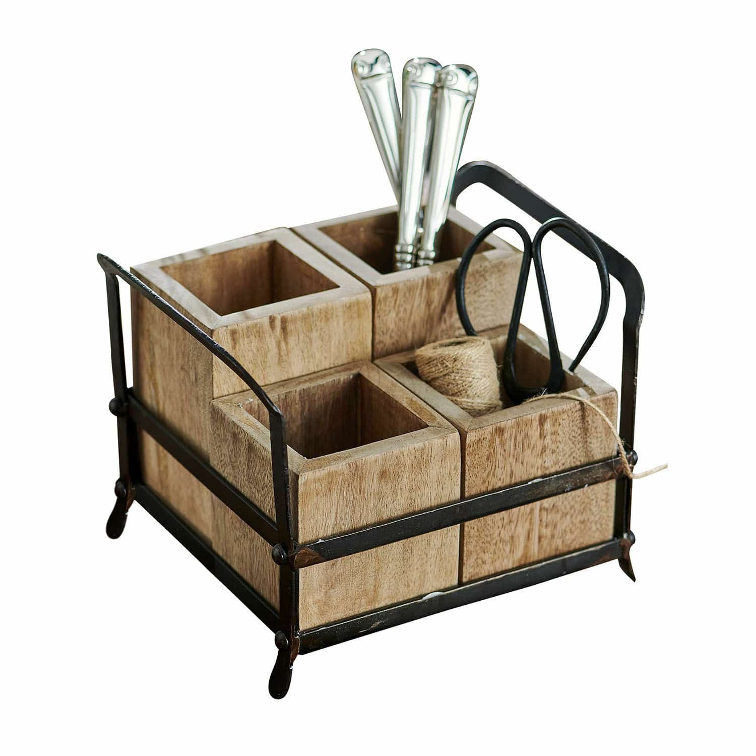 Rangement Postes Organisateur en bois avec cadre métallique noir et quatre compartiments pour ranger des accessoires