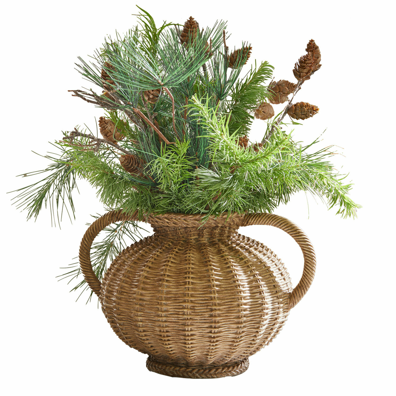 Vase Kaelvik Vase en osier avec poignées rempli de branches vertes et pommes de pin, décoration naturelle
