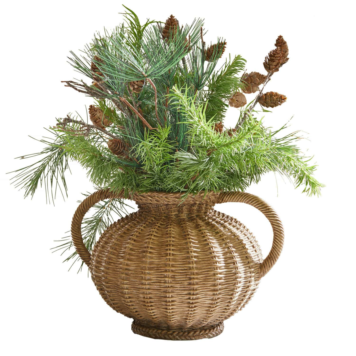 Vase Kaelvik Vase en osier avec poignées rempli de branches vertes et pommes de pin, décoration naturelle