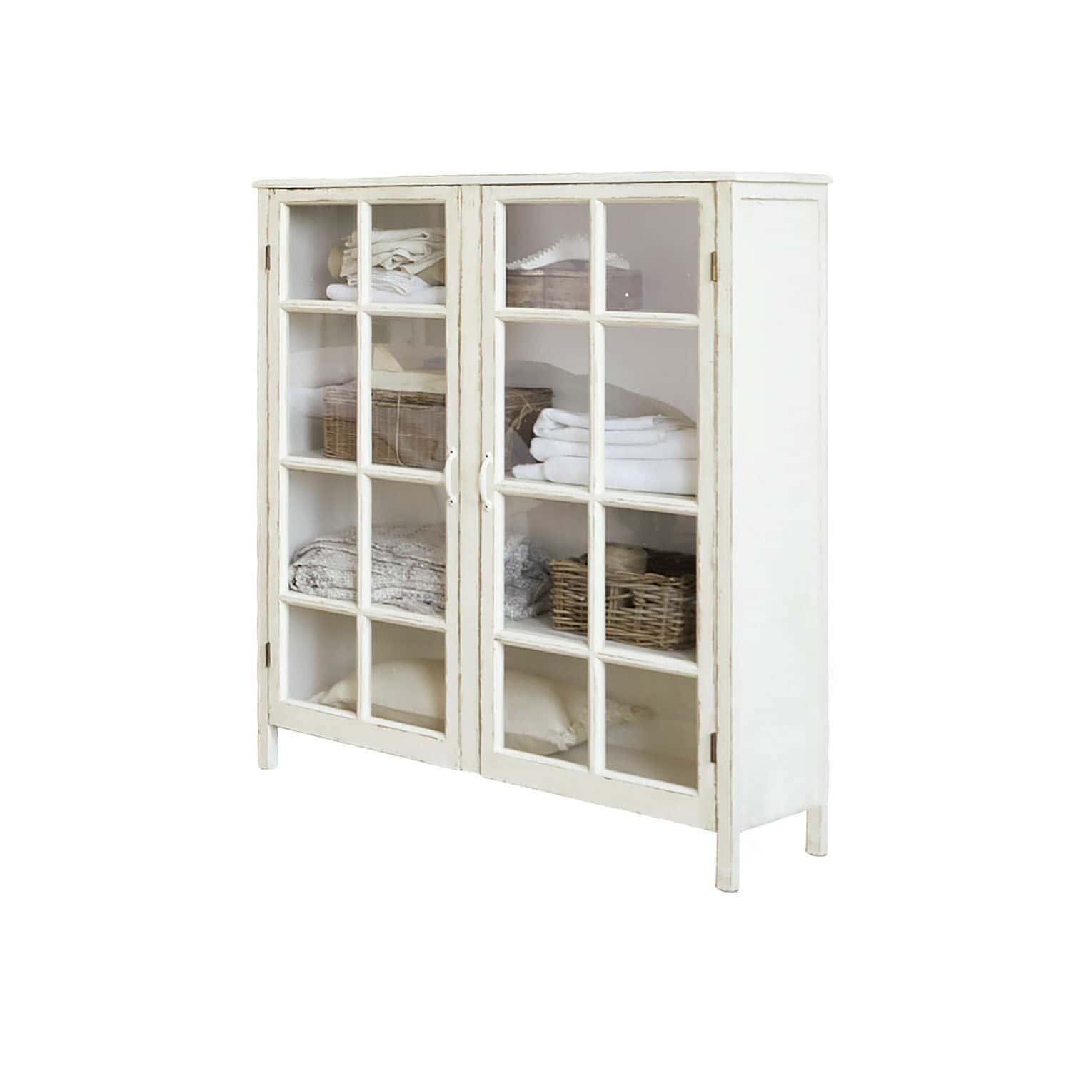 Commode Sherman en bois blanc antique avec portes vitrées et étagères pour textiles pliés