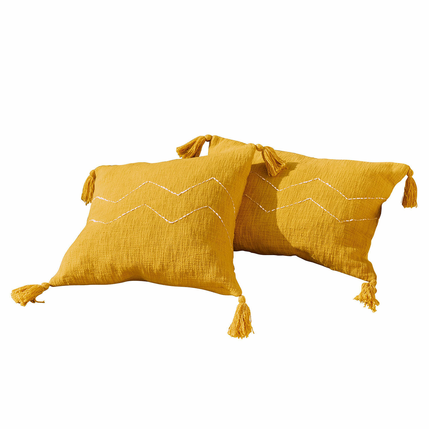 Lot de 2 housses de coussins Misstos Coussins décoratifs jaunes en coton avec pompons et broderie blanche, accessoires tendance salon