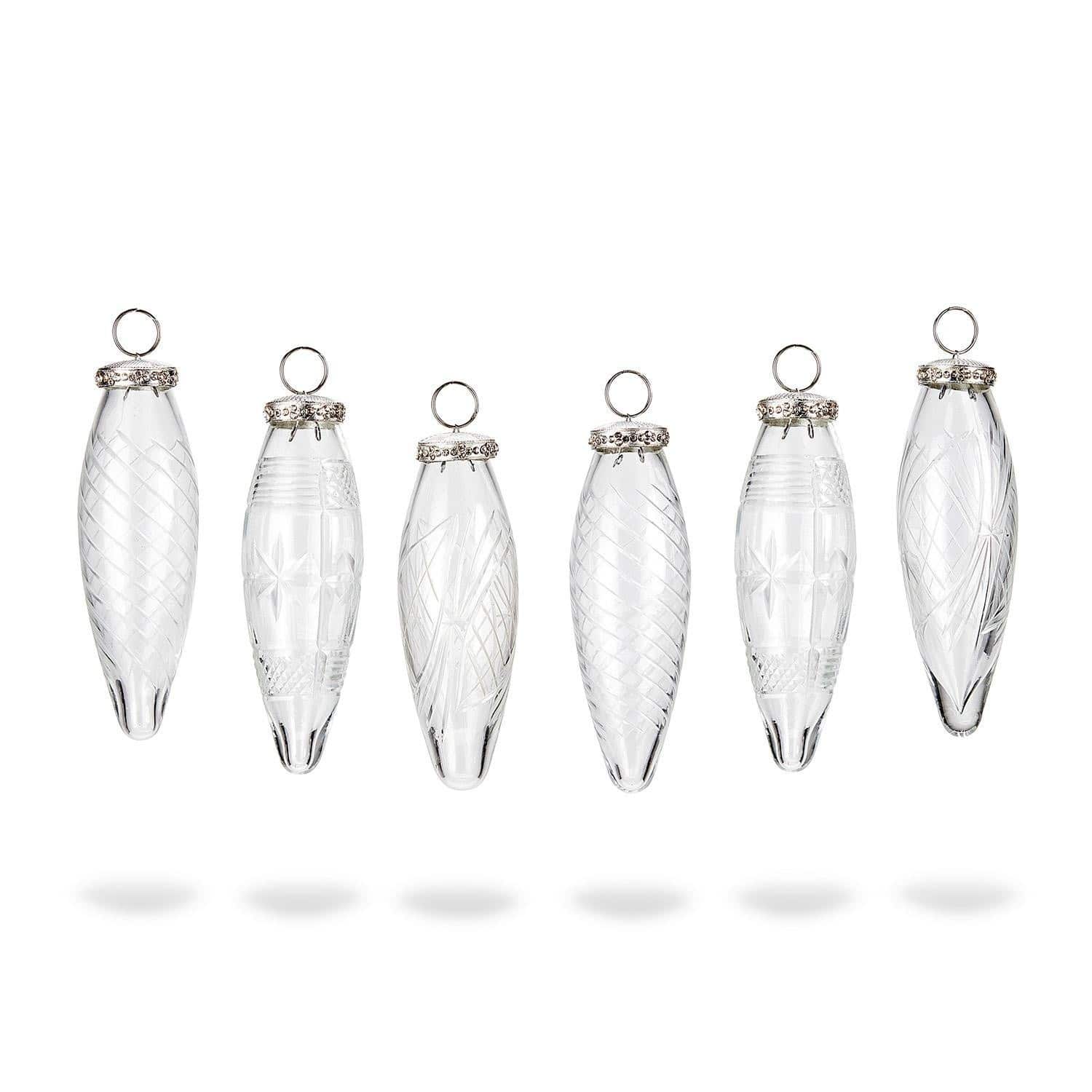 Lot de 6 décorations de Noël Loulay Ensemble de six décorations de Noël en verre transparent avec anneaux métalliques et motifs gravés