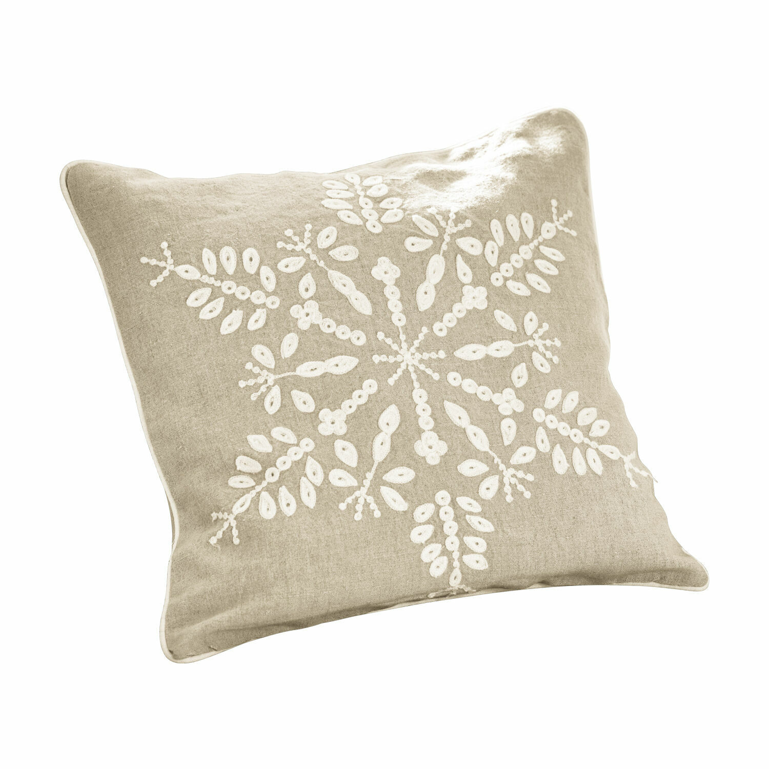 Housse de coussin Snowflake Coussin beige en lin avec broderie blanche en forme de flocon, décoration d'intérieur élégante