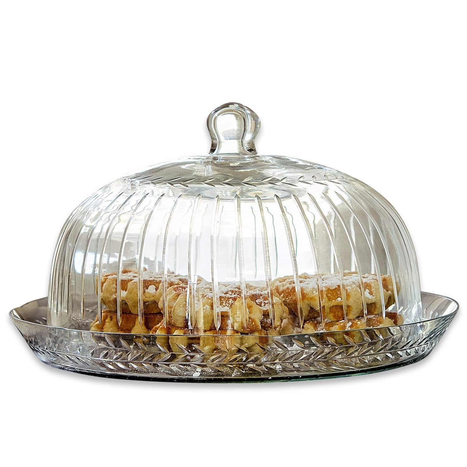 Cloche en verre avec plateau Layla Cloche en verre transparent avec motif feuille, plateau rond avec gaufres à l'intérieur, pour servir des pâtisseries