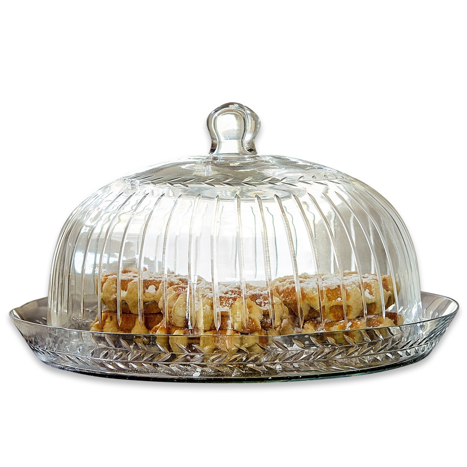 Cloche en verre avec plateau Layla Cloche en verre transparent avec motif feuille, plateau rond avec gaufres à l'intérieur, pour servir des pâtisseries