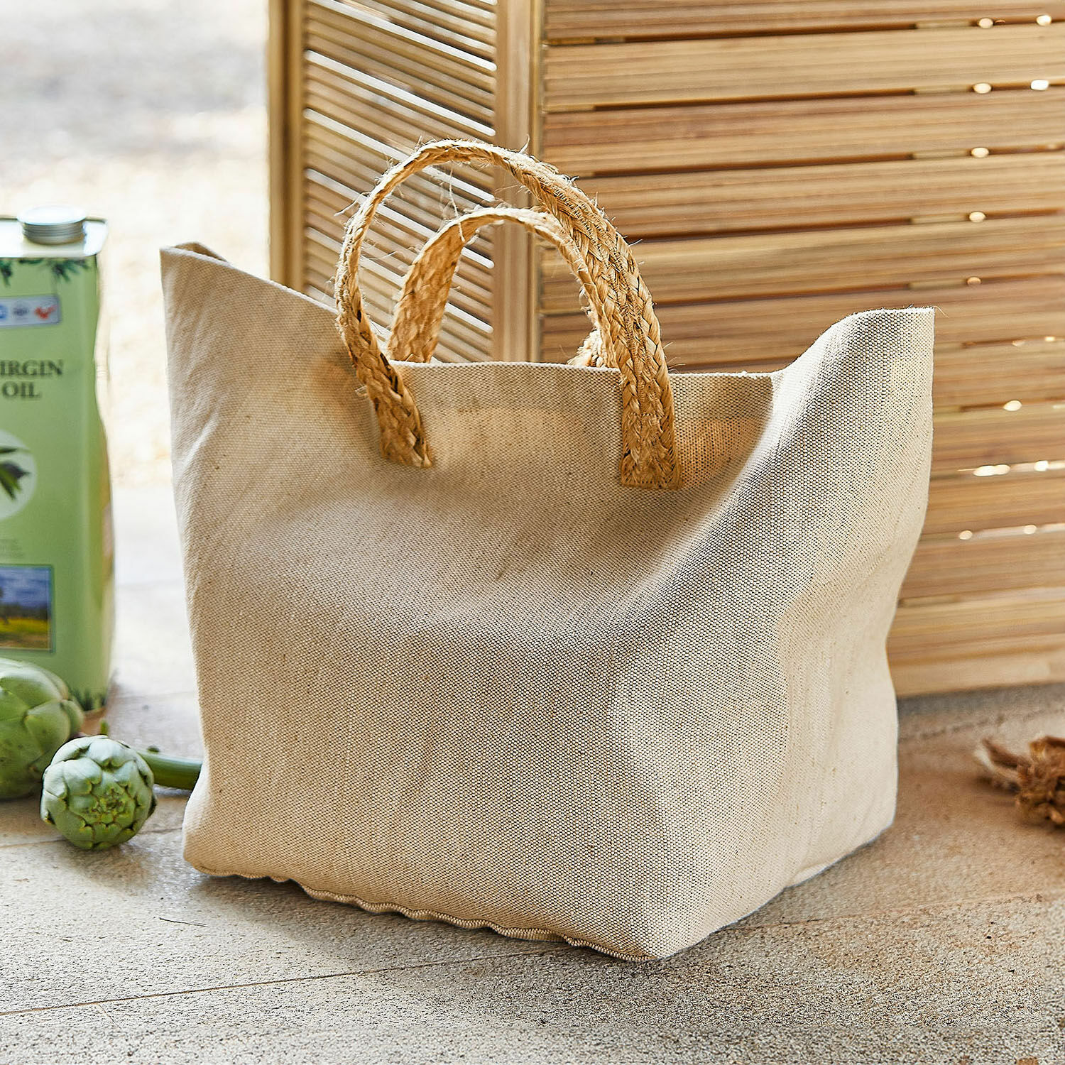 Cabas Bexirov Sac beige en tissu avec poignées tressées en matériau naturel, sac pratique pour courses