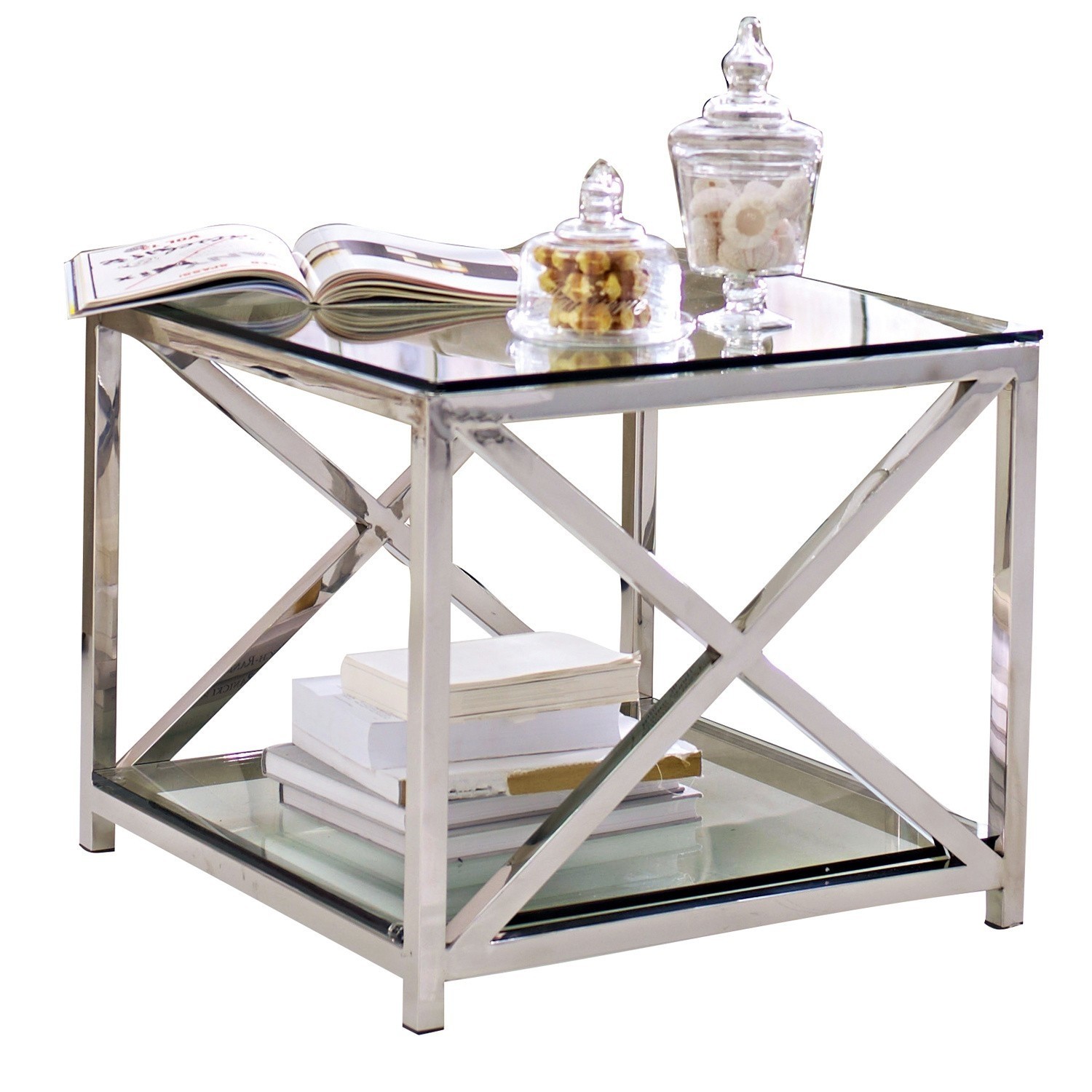 Table d'appoint Stamford Table basse carrée en verre et acier inoxydable avec étagère et décorations sur le dessus