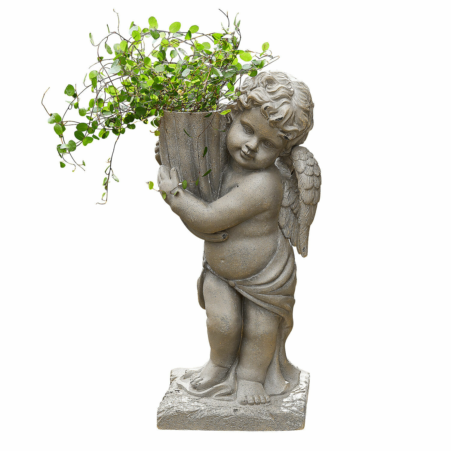 Cache-pot Pirie Statue d'ange en pierre grise tenant un pot avec des feuilles vertes pour décoration extérieure