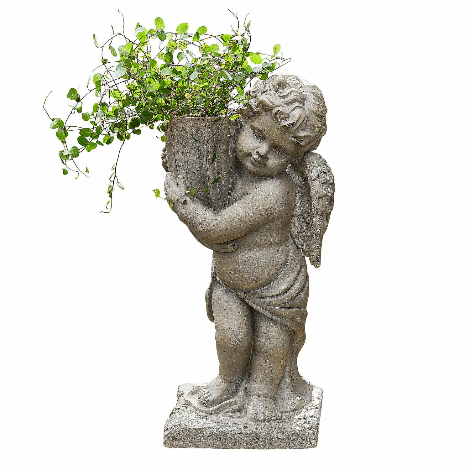 Cache-pot Pirie Statue d'ange en pierre grise tenant un pot avec des feuilles vertes pour décoration extérieure