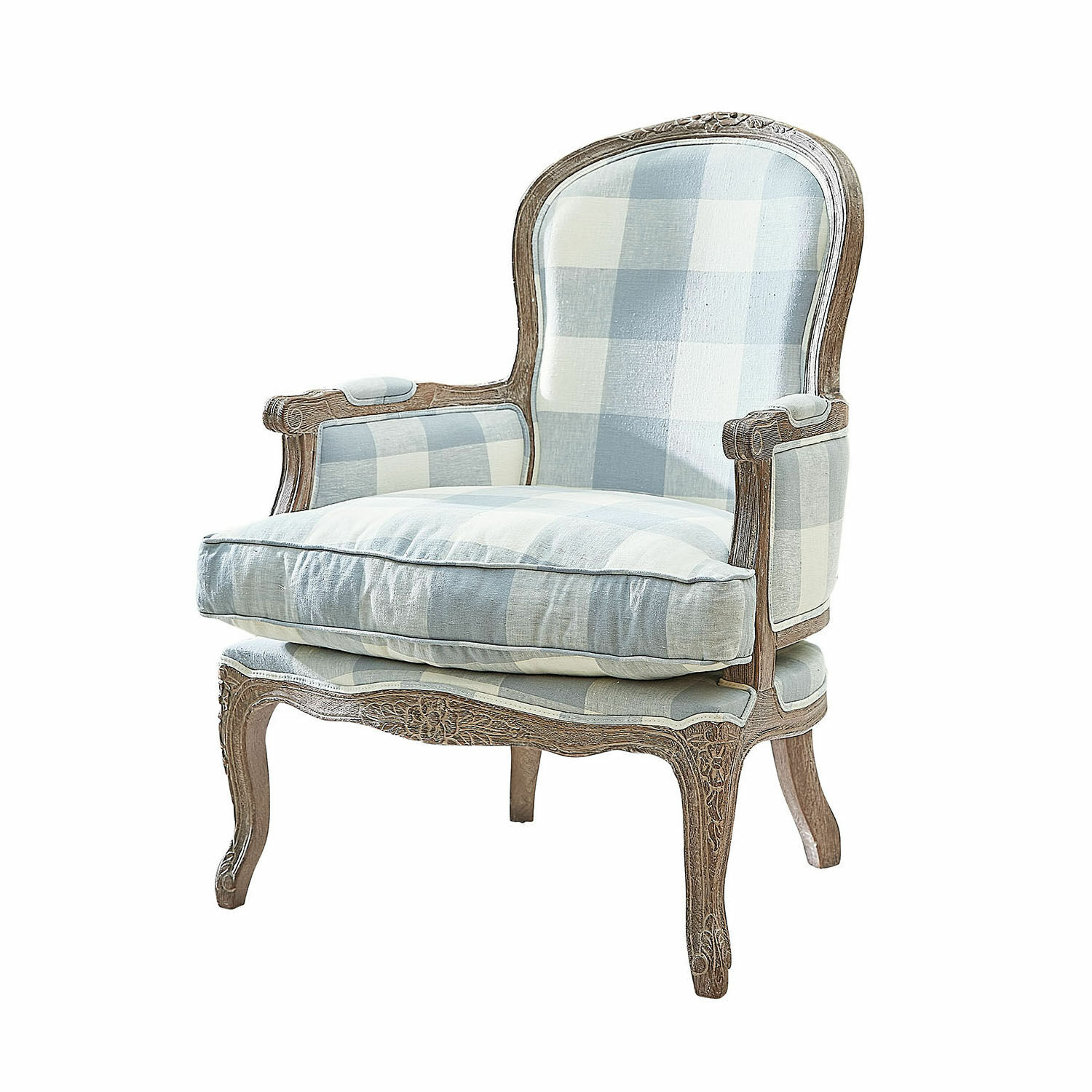 Fauteuil Quintelais Fauteuil en bois sculpté avec tissu à carreaux bleu et blanc, style vintage élégant