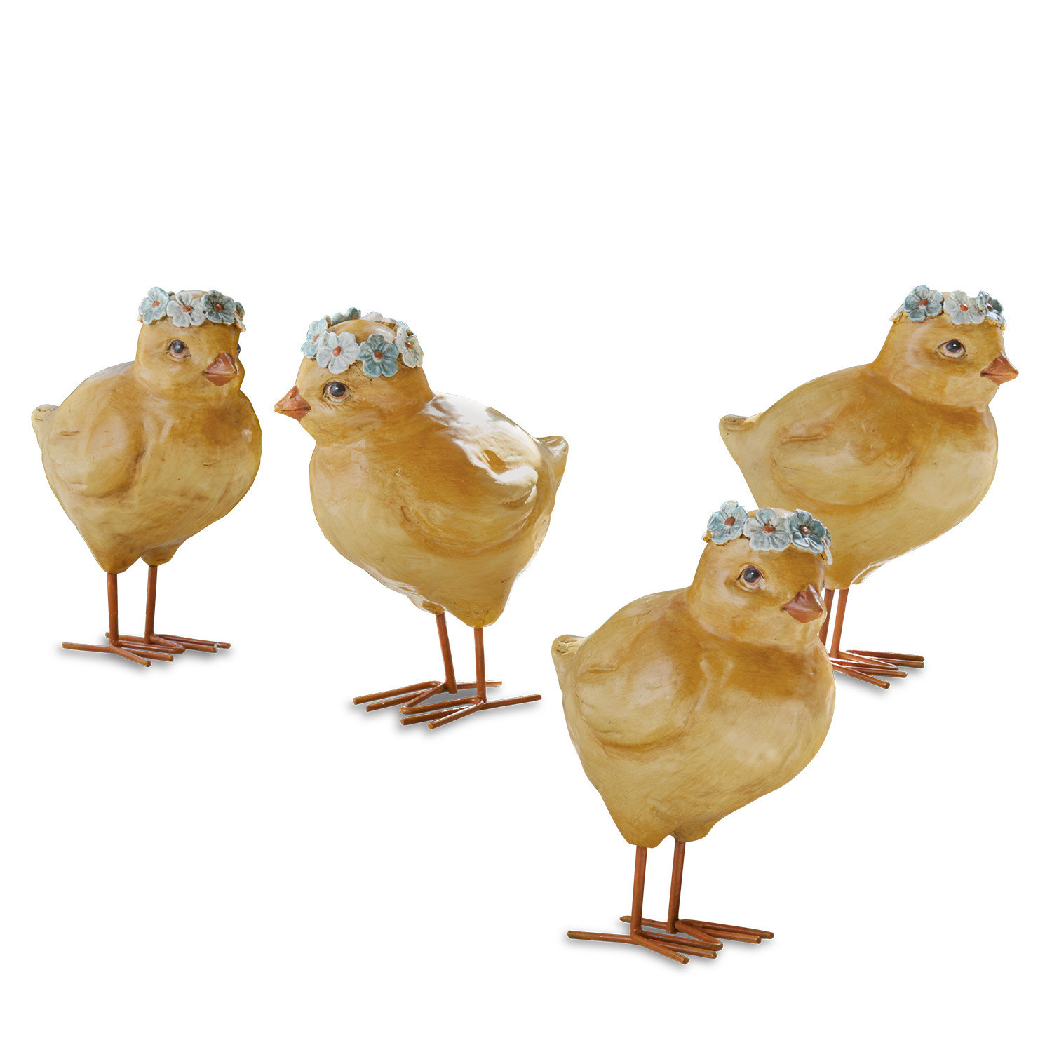 Lot de 4 poussins Dorette Quatre figurines décoratives de poussins jaunes en matériau avec couronnes de fleurs bleues