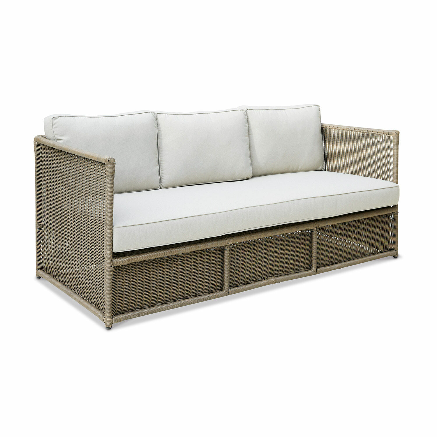 Canapé Lesmont Canapé en rotin beige avec coussins clairs, mobilier de jardin confortable pour terrasse