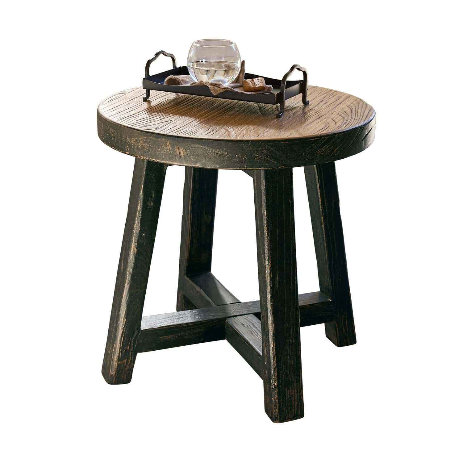 Table d'appoint Gorivel Table ronde en bois foncé avec plateau rustique et plateau noir avec verre d'eau