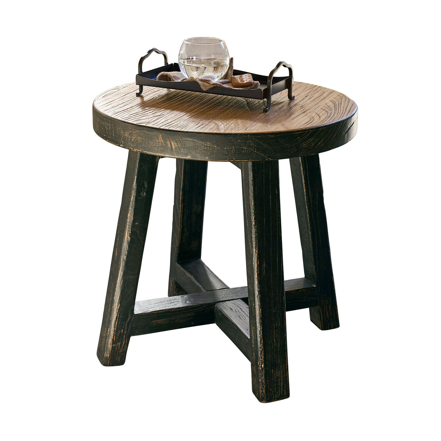 Table d'appoint Gorivel Table ronde en bois foncé avec plateau rustique et plateau noir avec verre d'eau