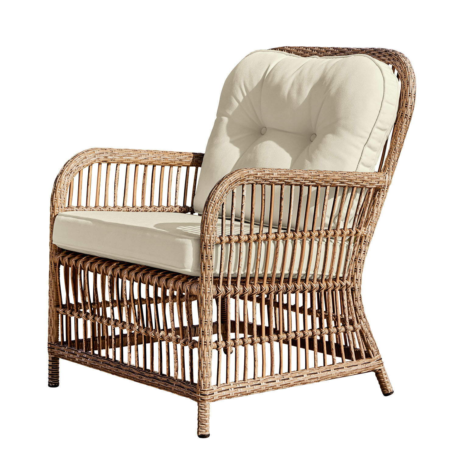 Fauteuil en rotin avec coussins crème, matériau naturel, chaise confortable pour salon et jardin