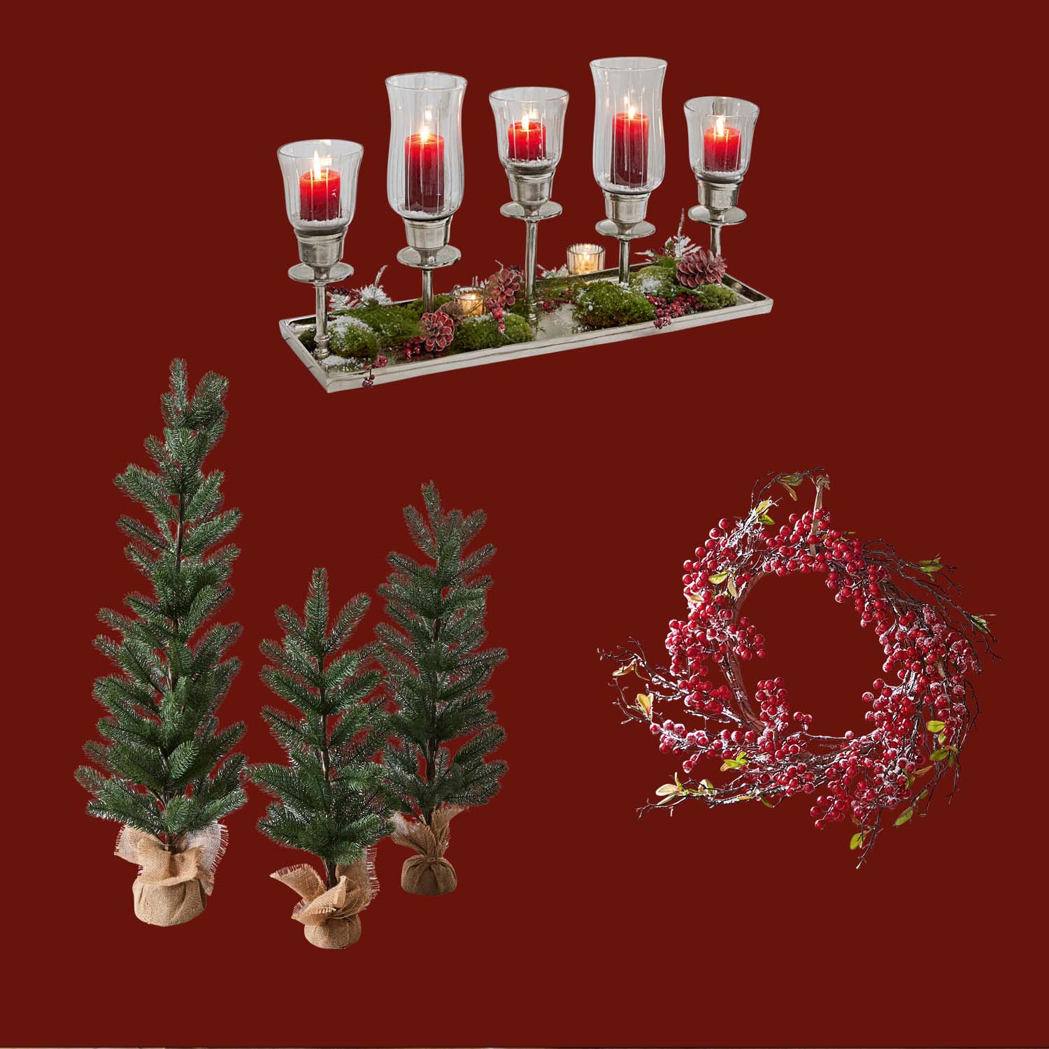 Ensemble de décorations de Noël avec bougies rouges, petits sapins verts et couronne de baies rouges