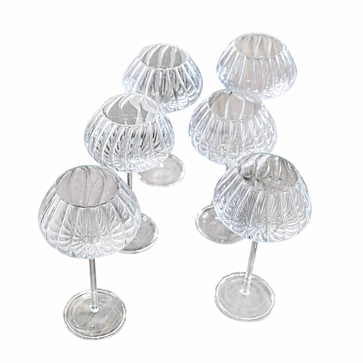 Lot de 6 verres à vin Minou Ensemble de six bougeoirs en verre transparent avec pieds et motif cannelé décoratif
