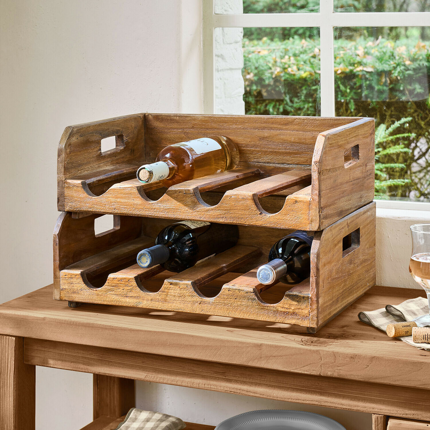 Lot de 2 porte-bouteilles Crestwooden Casier à vin en bois naturel avec six emplacements pour bouteilles, rangement pratique pour la cuisine