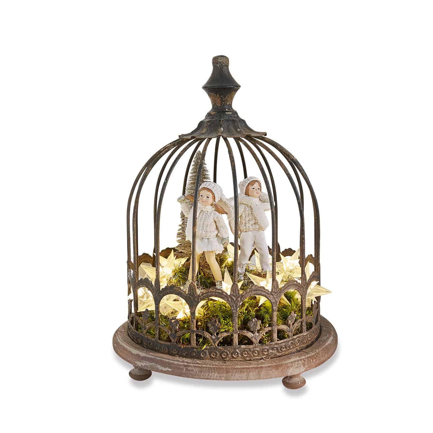 Cloche Saliers Décoration de Noël avec cage en métal, figurines d'enfants et étoiles lumineuses, style rustique