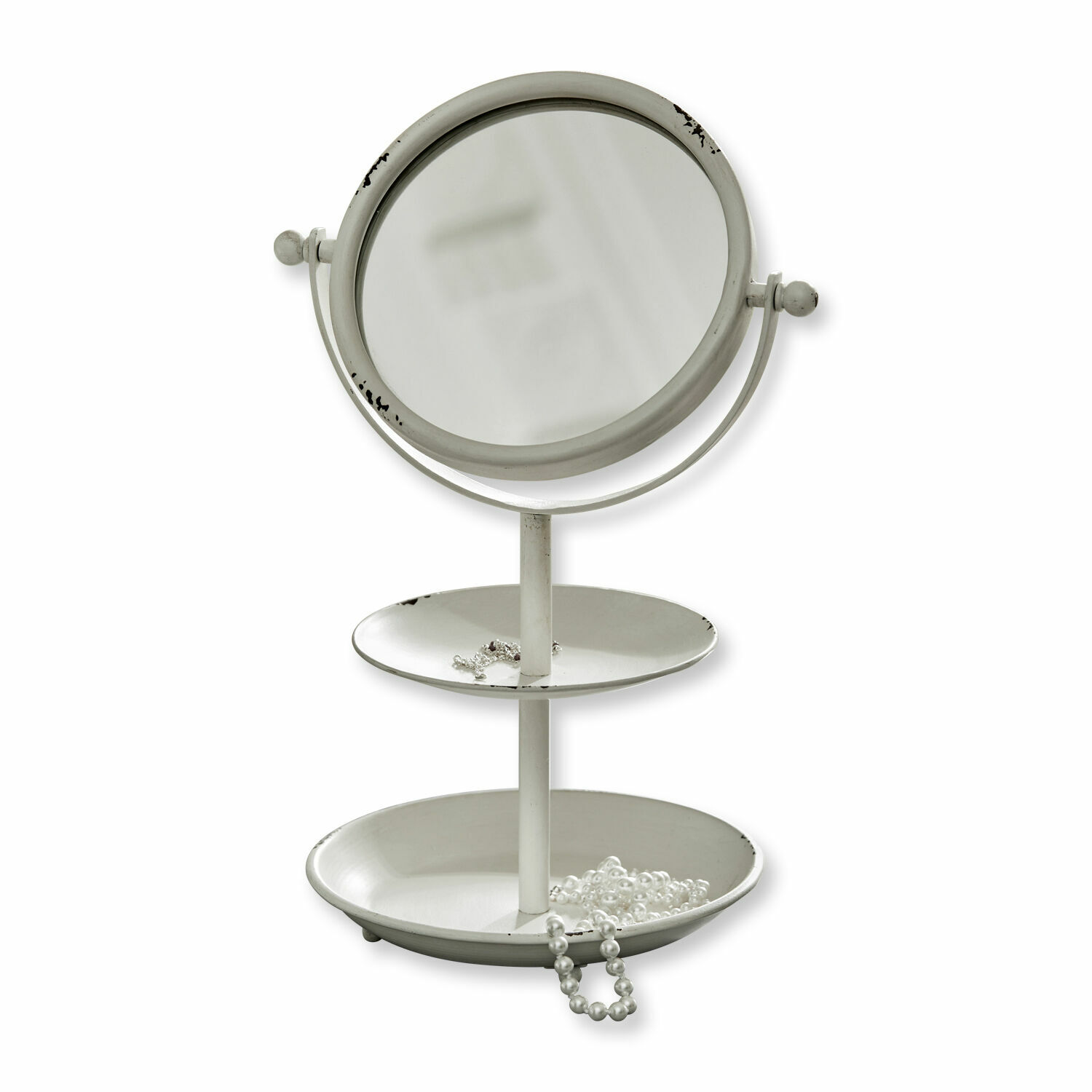 Miroir de maquillage Elsa Miroir de table en métal blanc avec deux plateaux pour bijoux style vintage